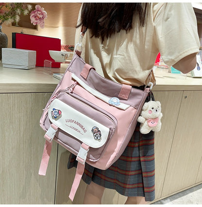 Women's Kawaii Blue Shoulder Bag with Cute Bear Plush Charm and 4 Badges Large Capacity Nylon Tote School Handbag - Image 3