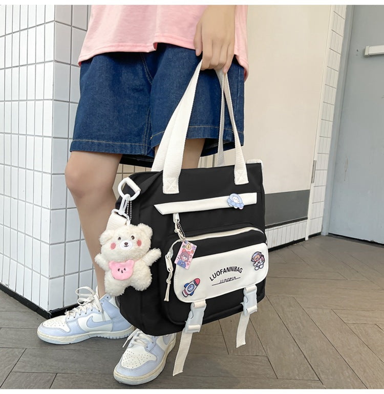 Women's Kawaii Purple Shoulder Bag with Cute Bear Plush Charm and 4 Badges Large Capacity Nylon Tote School Handbag - Image 2
