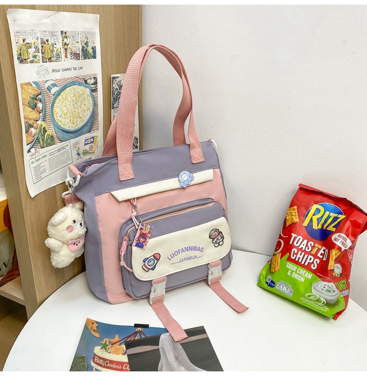 Women's Kawaii Purple Shoulder Bag with Cute Bear Plush Charm and 4 Badges Large Capacity Nylon Tote School Handbag - Image 4
