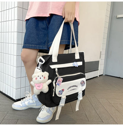 Women's Kawaii Pink Shoulder Bag with Cute Bear Plush Charm and 4 Badges Large Capacity Nylon Tote School Handbag - Image 2