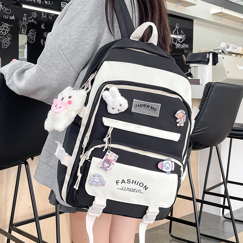 Women's Large Aesthetic School Backpack Black Nylon Daypack with Cute Bear Plushie & Pins For High School and University - Image 2