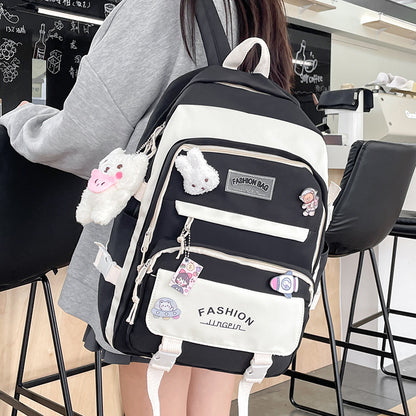 Women's Large Aesthetic School Backpack Black Nylon Daypack with Cute Bear Plushie & Pins For High School and University - Image 2