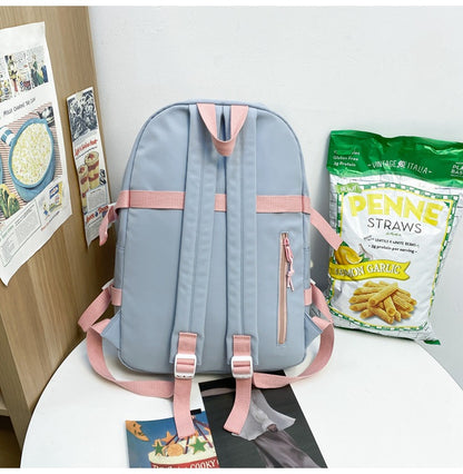 Women's Large Aesthetic School Backpack Purple Nylon Daypack with Cute Bear Plushie & Pins For High School and University - Image 3