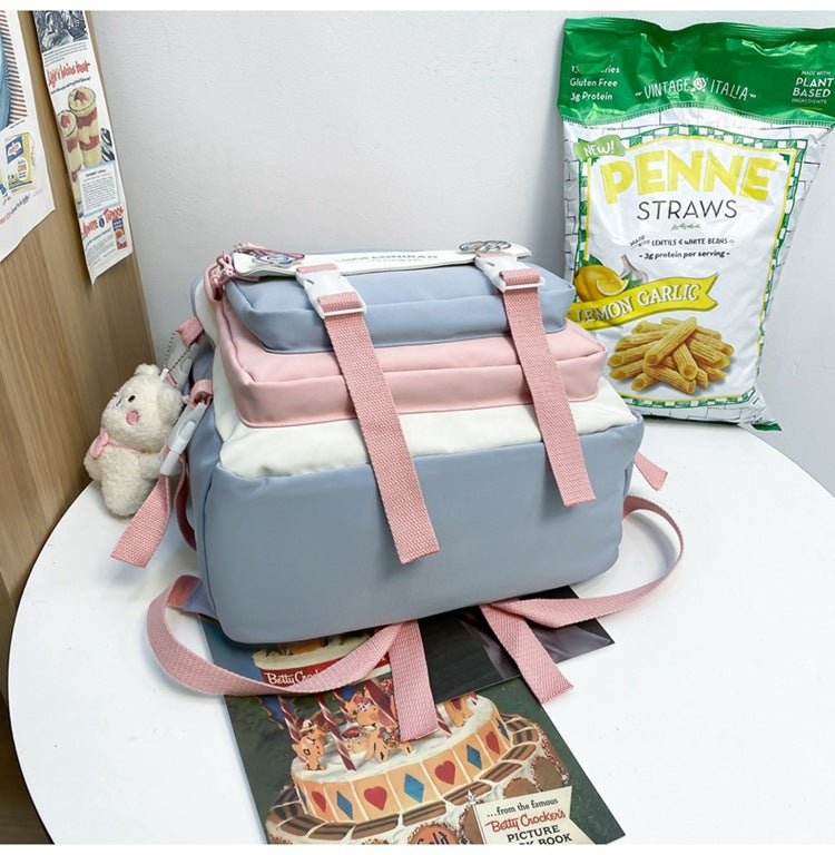 Women's Large Aesthetic School Backpack Purple Nylon Daypack with Cute Bear Plushie & Pins For High School and University - Image 4