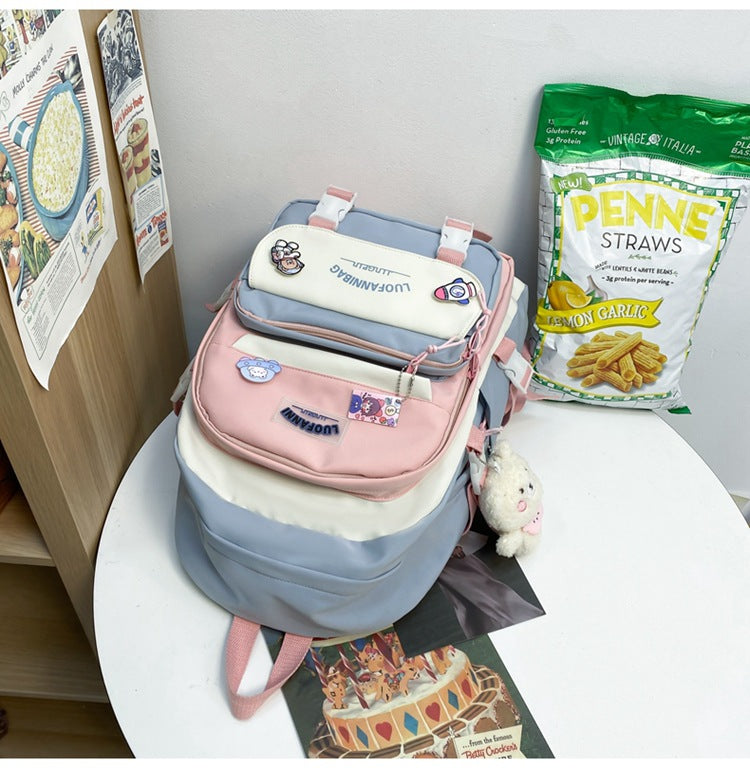 Women's Large Aesthetic School Backpack Purple Nylon Daypack with Cute Bear Plushie & Pins For High School and University - Image 5