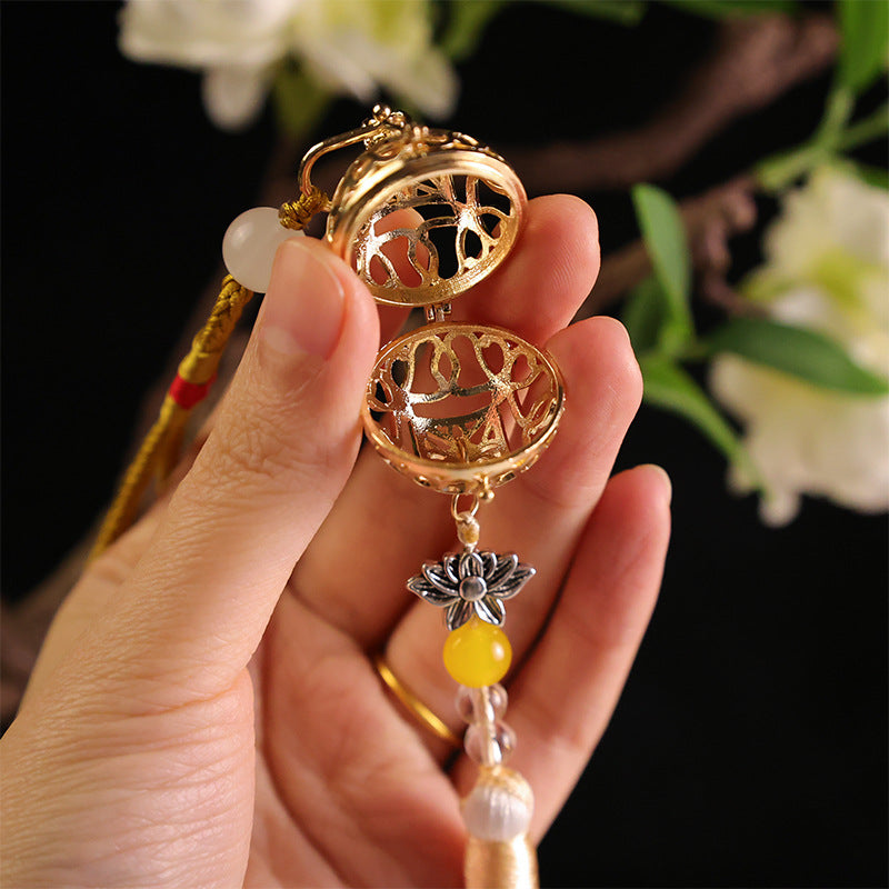 Vintage Silver Hollow Bell Pendant Mirror Ornament Openable Aromatherapy Locket with Tassel Bag Charm - Image 2