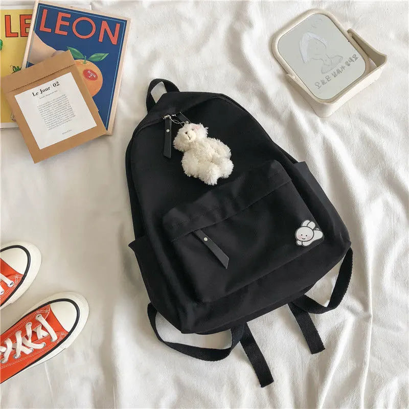 Aesthetic Black School Backpack with Cute Bear Plushie and Pin Large Capacity Nylon Laptop Daypack for High School and Uni Students