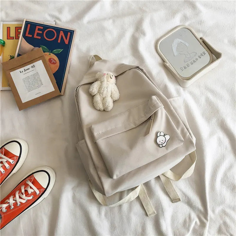 Aesthetic Off-white School Backpack with Cute Bear Plushie and Pin Large Capacity Nylon Laptop Daypack for High School and Uni Students