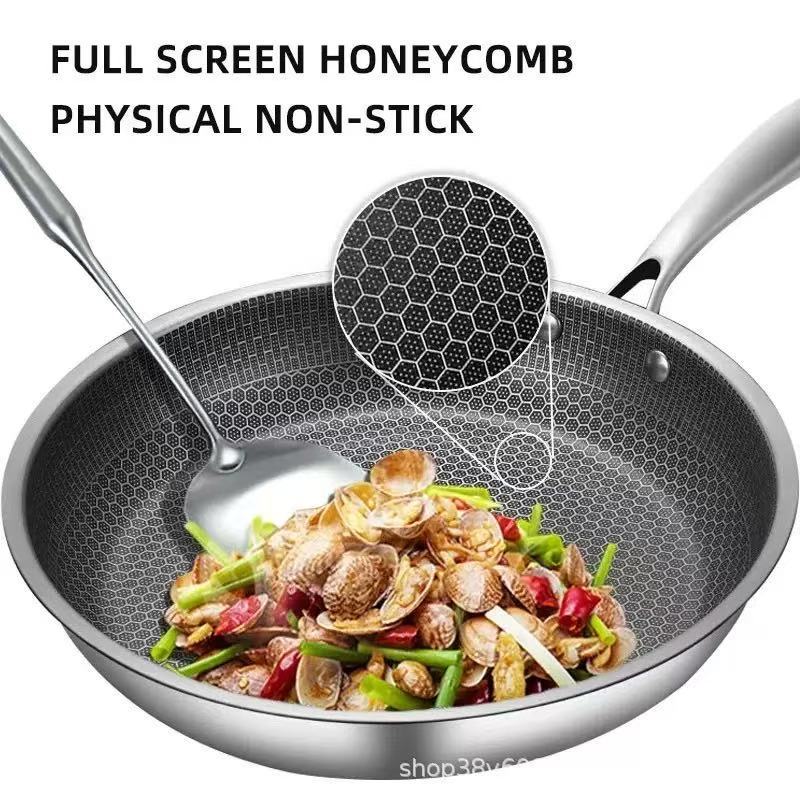 Stainless Steel Non-Stick Frying Pan 26CM Honeycomb Wok Skillet with Lid Induction Compatible Cookware Silver - Image 2