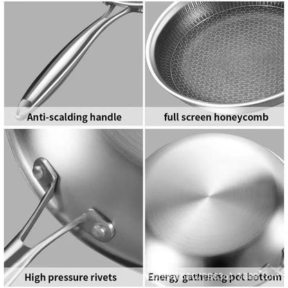 Stainless Steel Non-Stick Frying Pan 26CM Honeycomb Wok Skillet with Lid Induction Compatible Cookware Silver - Image 3