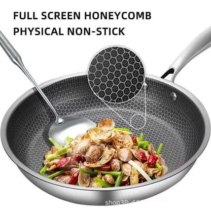 Stainless Steel Non-Stick Frying Pan 28CM Honeycomb Wok Skillet with Lid Induction Compatible Cookware Silver - Image 2
