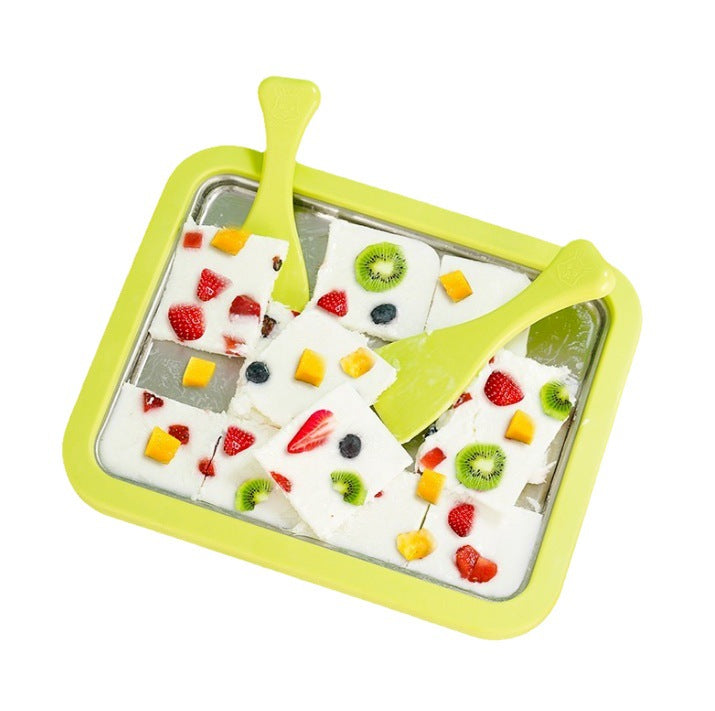 Green DIY Rolled Ice Cream Maker Pan Instant Frozen Yoghurt & Sorbet Tray 304 Stainless Steel No Electricity Required with Spatulas  - Image 2