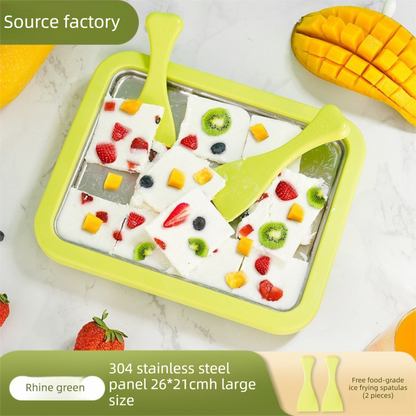 Green DIY Rolled Ice Cream Maker Pan Instant Frozen Yoghurt & Sorbet Tray 304 Stainless Steel No Electricity Required with Spatulas  - Image 5