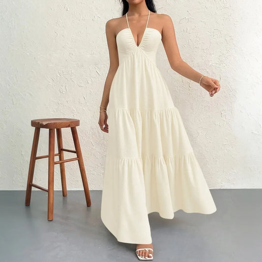 Apricot S Size Women's Elegant Halter Maxi Dress Summer Backless V-Neck Sleeveless Long Beach Resort Gown