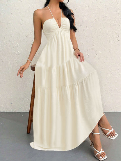 Apricot S Size Women's Elegant Halter Maxi Dress Summer Backless V-Neck Sleeveless Long Beach Resort Gown  - Image 3
