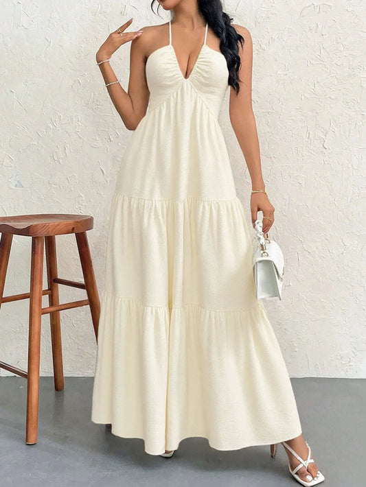 Apricot M Size Women's Elegant Halter Maxi Dress Summer Backless V-Neck Sleeveless Long Beach Resort Gown  - Image 5