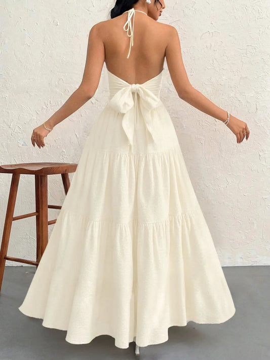 Apricot XL Size Women's Elegant Halter Maxi Dress Summer Backless V-Neck Sleeveless Long Beach Resort Gown  - Image 2