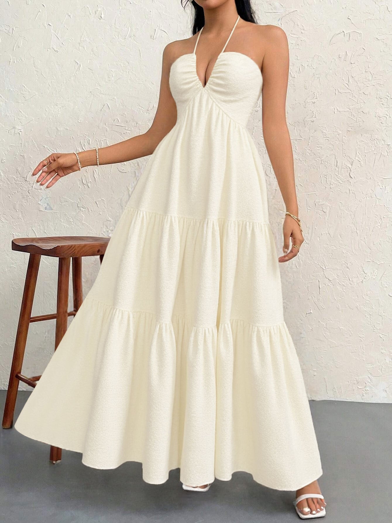 Apricot XL Size Women's Elegant Halter Maxi Dress Summer Backless V-Neck Sleeveless Long Beach Resort Gown  - Image 4