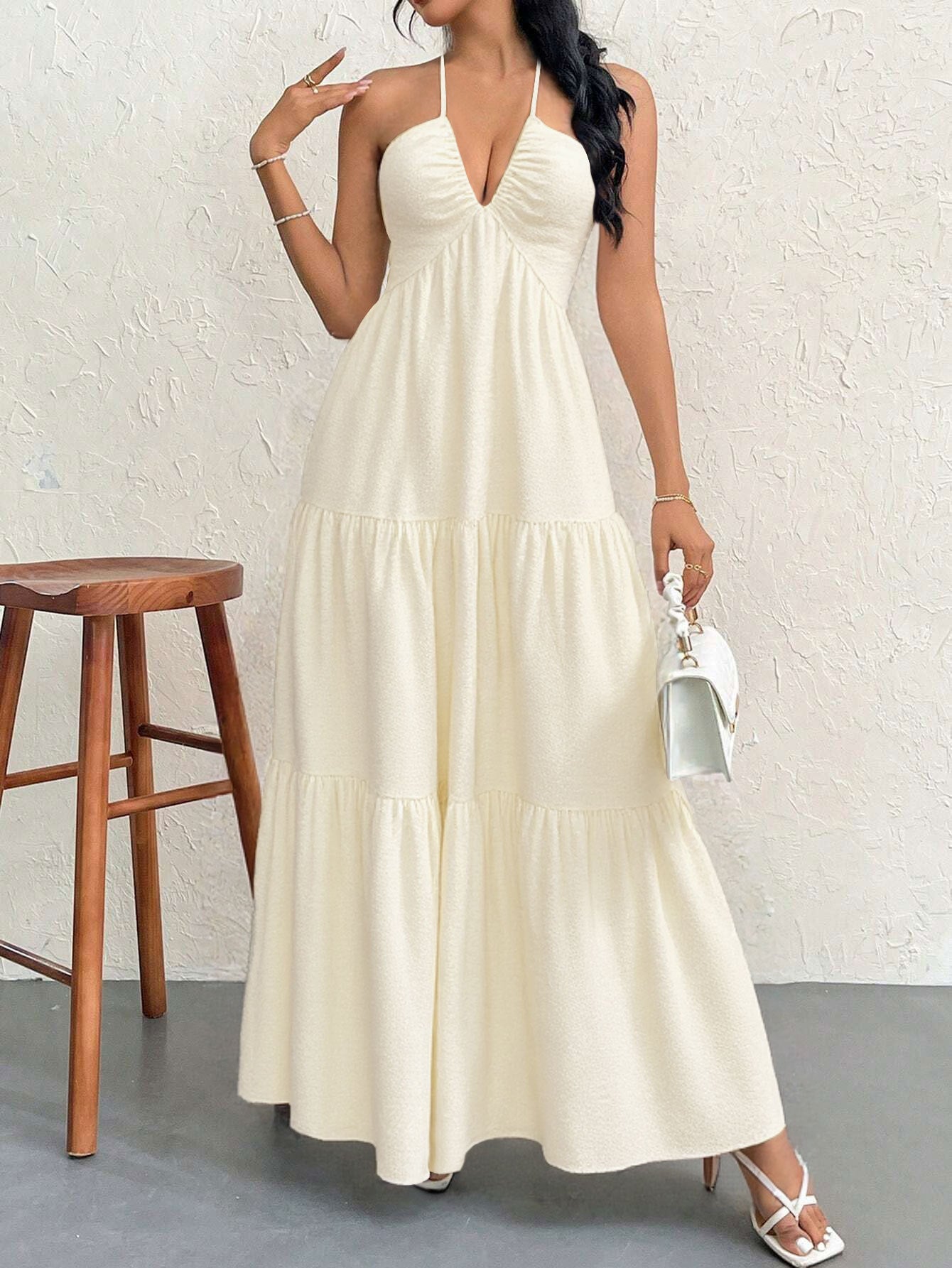 Apricot XL Size Women's Elegant Halter Maxi Dress Summer Backless V-Neck Sleeveless Long Beach Resort Gown  - Image 5