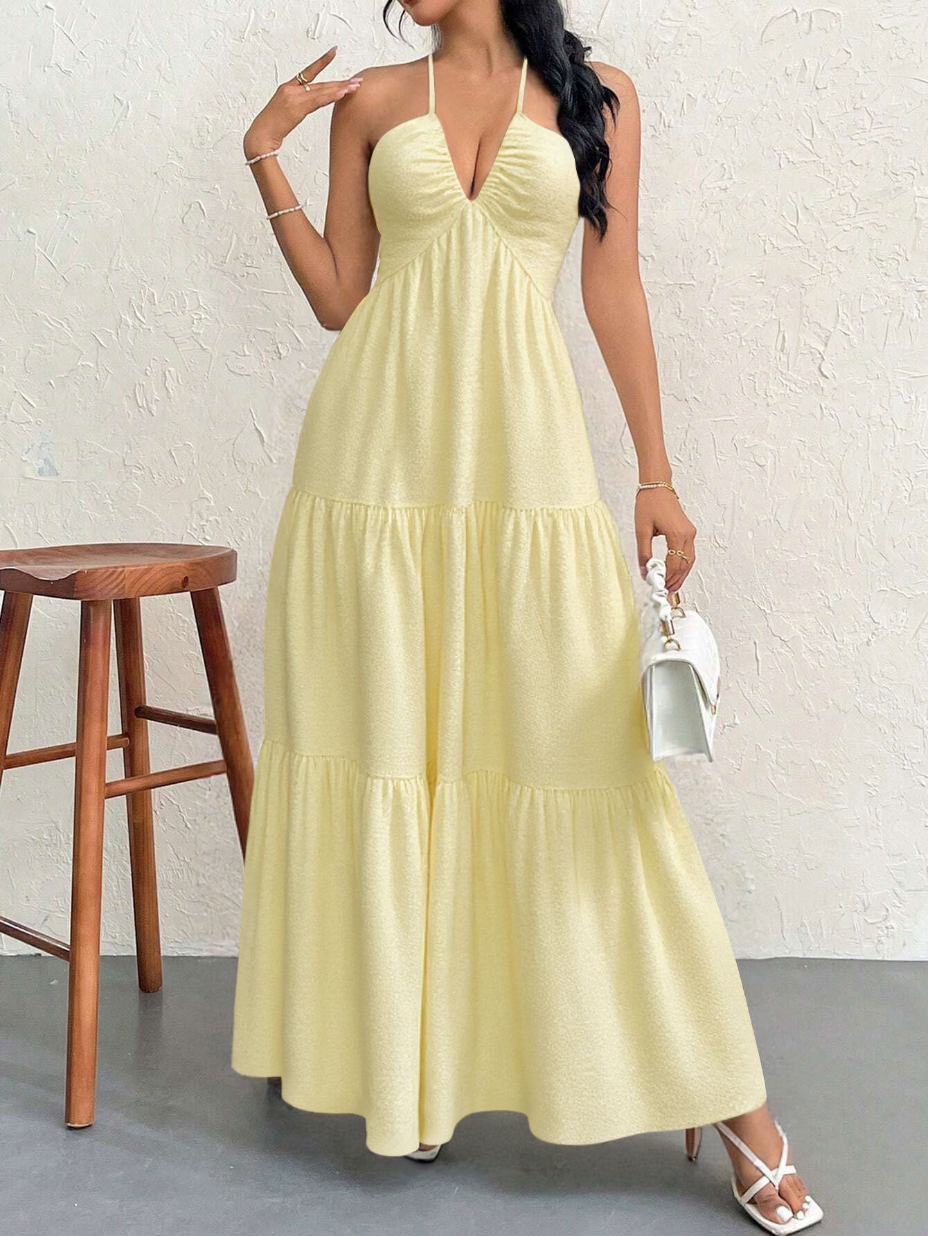 Yellow S Size Women's Elegant Halter Maxi Dress Summer Backless V-Neck Sleeveless Long Beach Resort Gown  - Image 5
