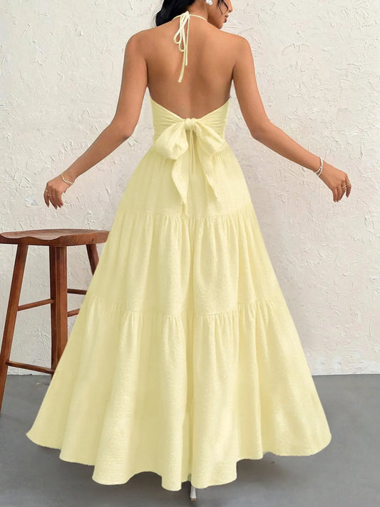 Apricot M Size Women's Elegant Halter Maxi Dress Summer Backless V-Neck Sleeveless Long Beach Resort Gown  - Image 2