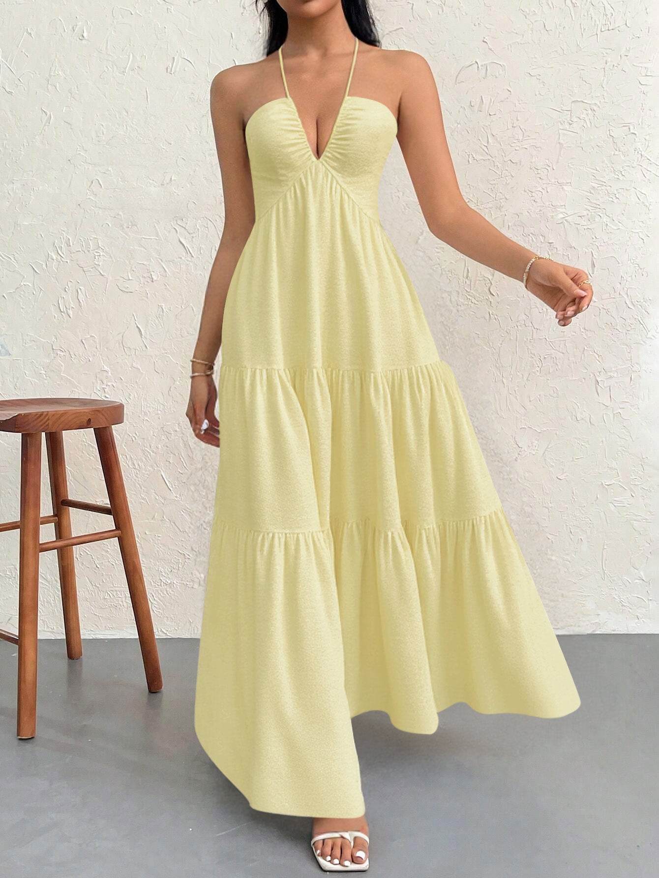 Apricot L Size Women's Elegant Halter Maxi Dress Summer Backless V-Neck Sleeveless Long Beach Resort Gown