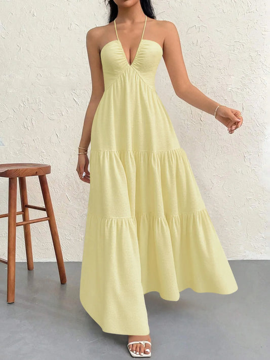 Apricot XL Size Women's Elegant Halter Maxi Dress Summer Backless V-Neck Sleeveless Long Beach Resort Gown