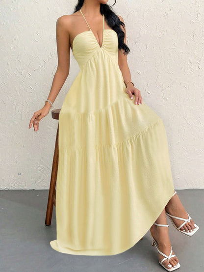 Apricot XL Size Women's Elegant Halter Maxi Dress Summer Backless V-Neck Sleeveless Long Beach Resort Gown  - Image 3