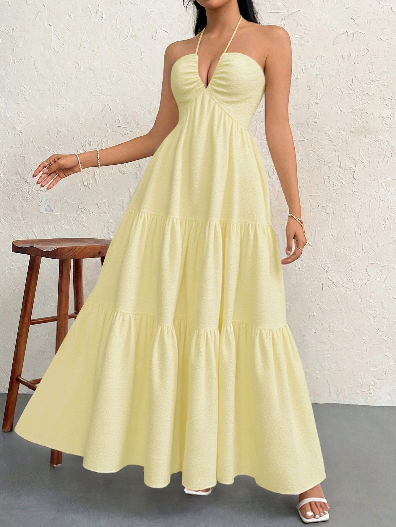 Apricot XL Size Women's Elegant Halter Maxi Dress Summer Backless V-Neck Sleeveless Long Beach Resort Gown  - Image 4
