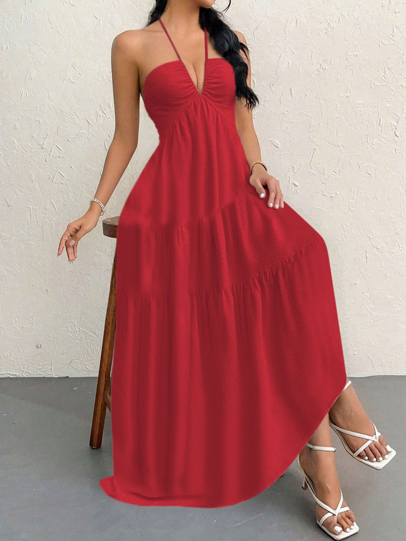 Red M Size Women's Elegant Halter Maxi Dress Summer Backless V-Neck Sleeveless Long Beach Resort Gown  - Image 3