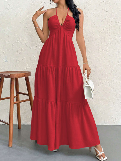 Red M Size Women's Elegant Halter Maxi Dress Summer Backless V-Neck Sleeveless Long Beach Resort Gown  - Image 5