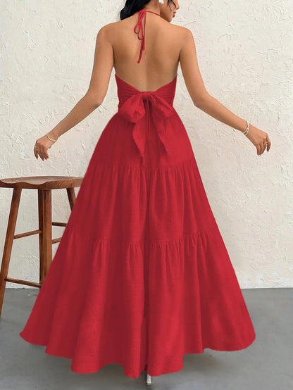Red L Size Women's Elegant Halter Maxi Dress Summer Backless V-Neck Sleeveless Long Beach Resort Gown  - Image 2