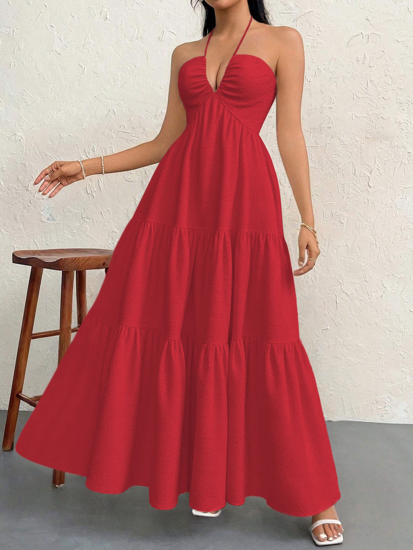 Red L Size Women's Elegant Halter Maxi Dress Summer Backless V-Neck Sleeveless Long Beach Resort Gown  - Image 4