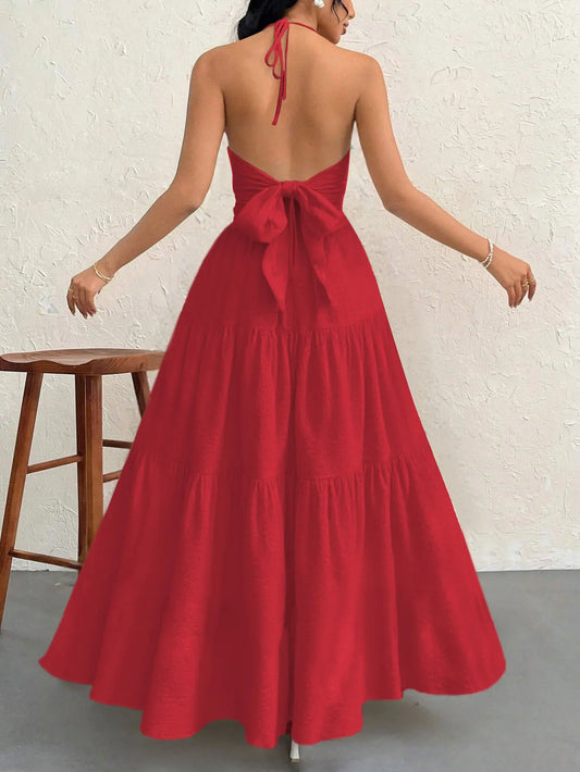 Redt XL Size Women's Elegant Halter Maxi Dress Summer Backless V-Neck Sleeveless Long Beach Resort Gown  - Image 2