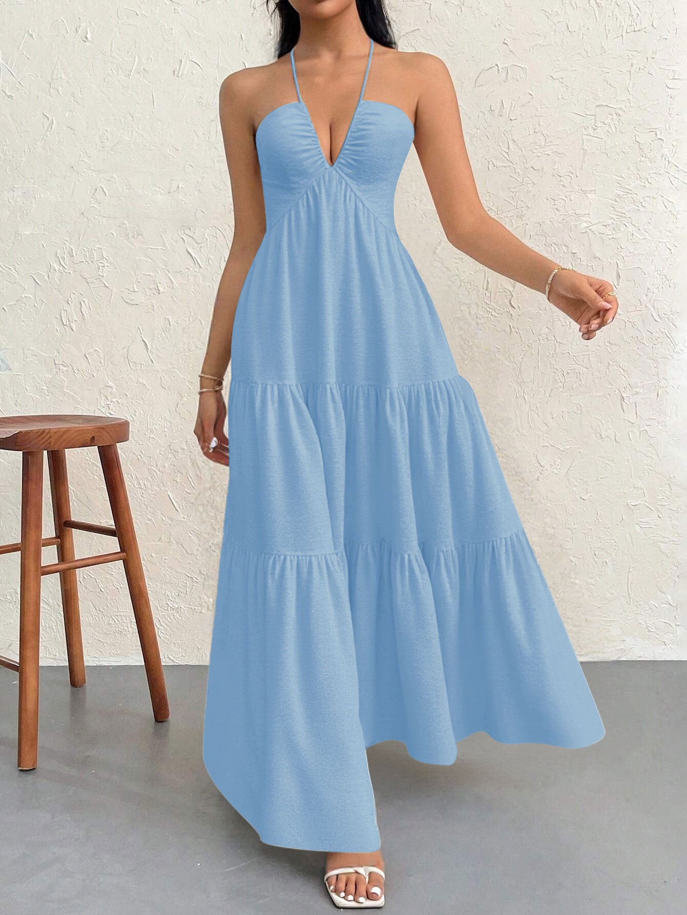 Blue S Size Women's Elegant Halter Maxi Dress Summer Backless V-Neck Sleeveless Long Beach Resort Gown