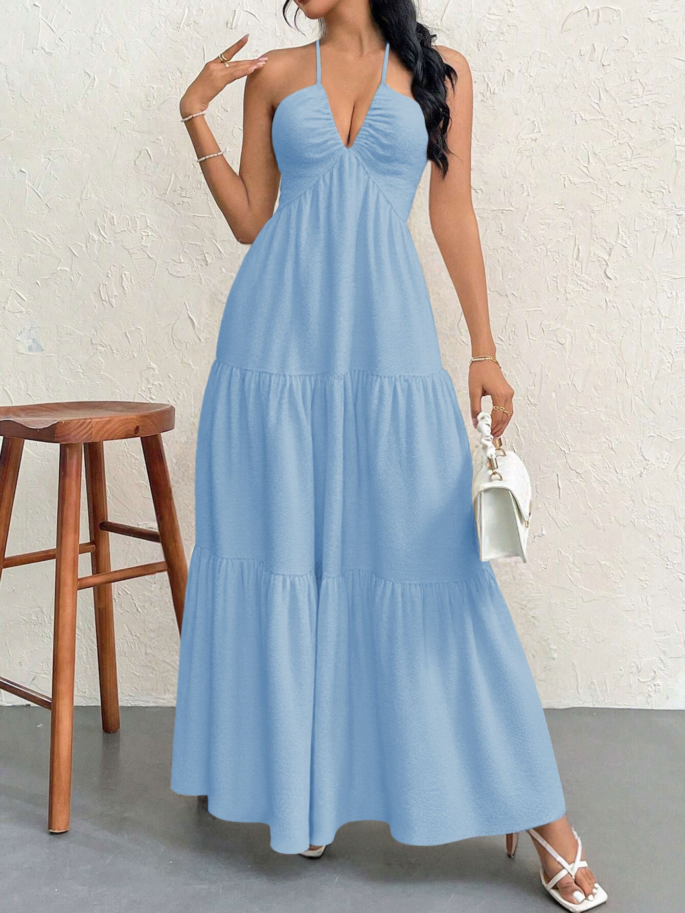 Blue S Size Women's Elegant Halter Maxi Dress Summer Backless V-Neck Sleeveless Long Beach Resort Gown  - Image 5