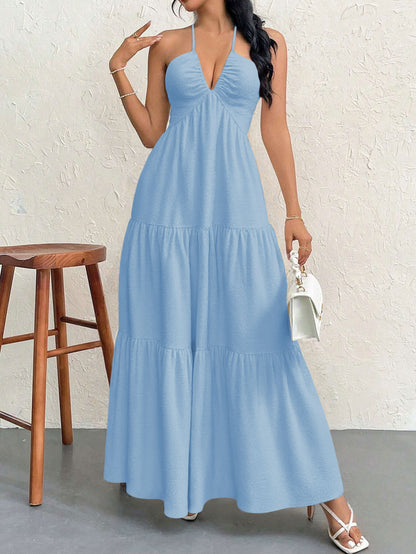 Blue S Size Women's Elegant Halter Maxi Dress Summer Backless V-Neck Sleeveless Long Beach Resort Gown  - Image 5