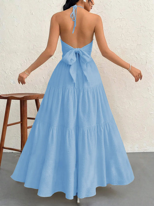 Blue M Size Women's Elegant Halter Maxi Dress Summer Backless V-Neck Sleeveless Long Beach Resort Gown  - Image 2