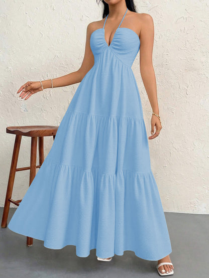 Blue M Size Women's Elegant Halter Maxi Dress Summer Backless V-Neck Sleeveless Long Beach Resort Gown  - Image 4