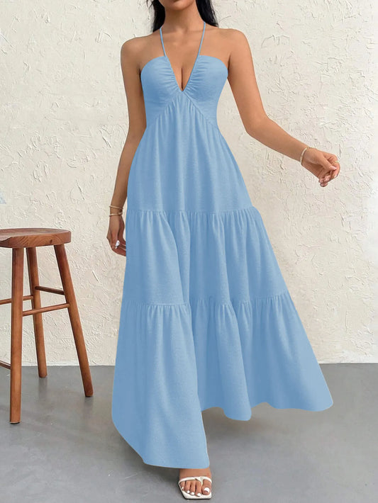 Blue L Size Women's Elegant Halter Maxi Dress Summer Backless V-Neck Sleeveless Long Beach Resort Gown