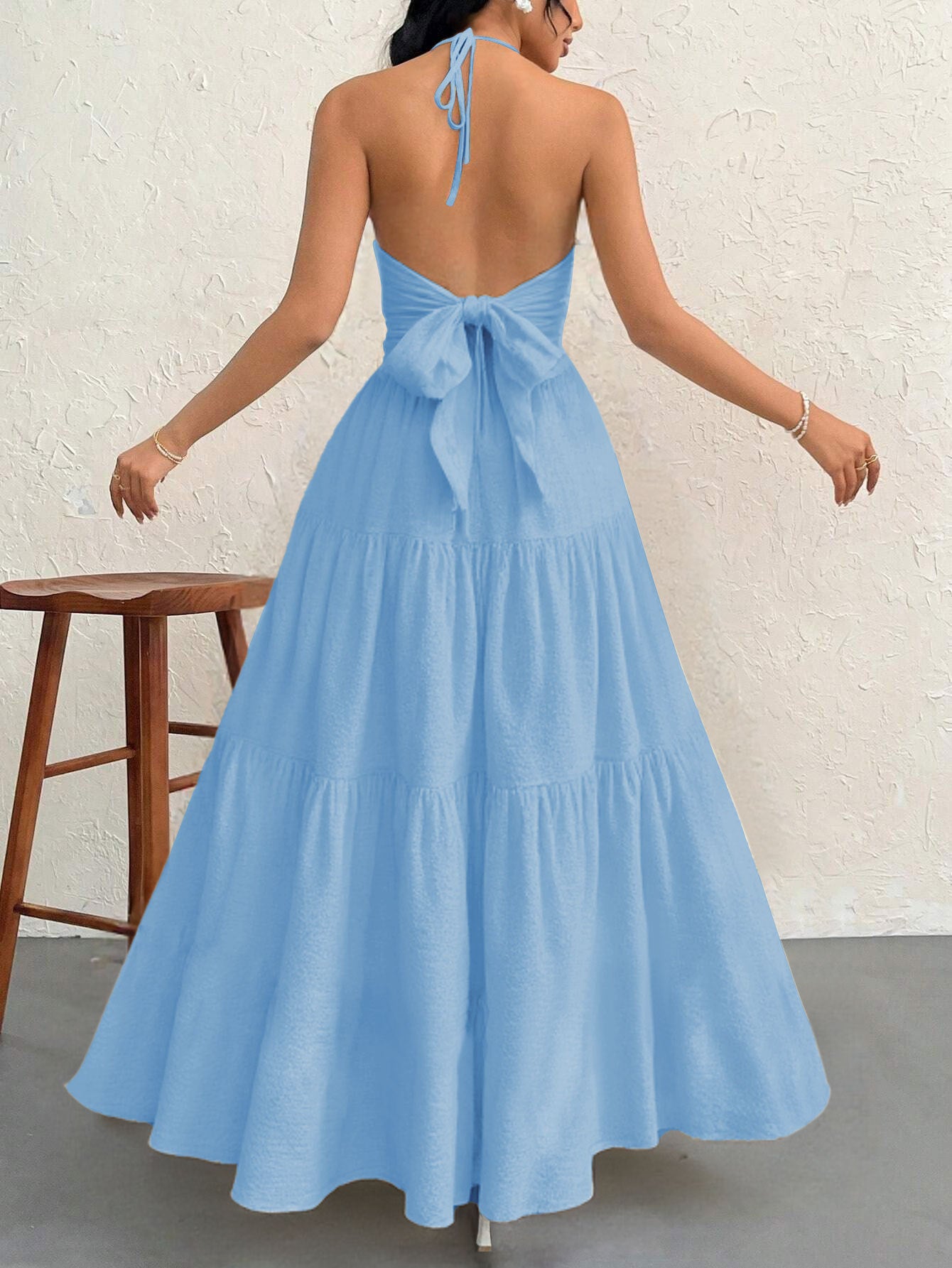 Blue L Size Women's Elegant Halter Maxi Dress Summer Backless V-Neck Sleeveless Long Beach Resort Gown  - Image 2