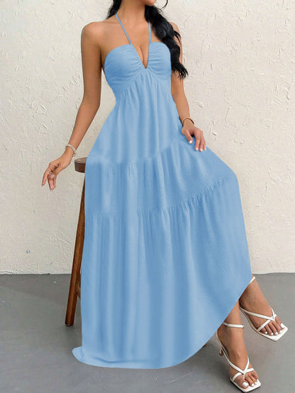 Blue XL Size Women's Elegant Halter Maxi Dress Summer Backless V-Neck Sleeveless Long Beach Resort Gown  - Image 3