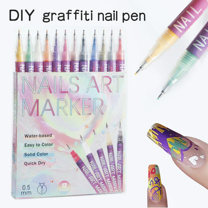 12 Piece Nail Art Graffiti Pen Set Acrylic Fine Tip Paint Markers for DIY Manicure & Salon Designs Waterproof Quick Dry - Image 2