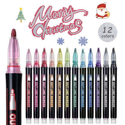 24 Piece Double Line Outline Pen Set Glitter Paint Markers 12 Colors Self-Outline Metallic Shimmer Pens for DIY Crafts Cards - Image 4