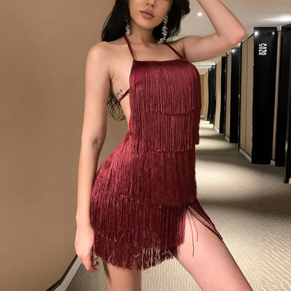 Women's Halter Neck Tassel Playsuit Sexy Backless Tiered Fringe Romper Burgundy for Summer Festivals and Parties M - Image 3