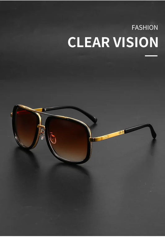 Men's Retro Oversized Square Sunglasses Vintage Thick Frame Gold Flat Top Aviator Style Shades UV400 Black - Image 3