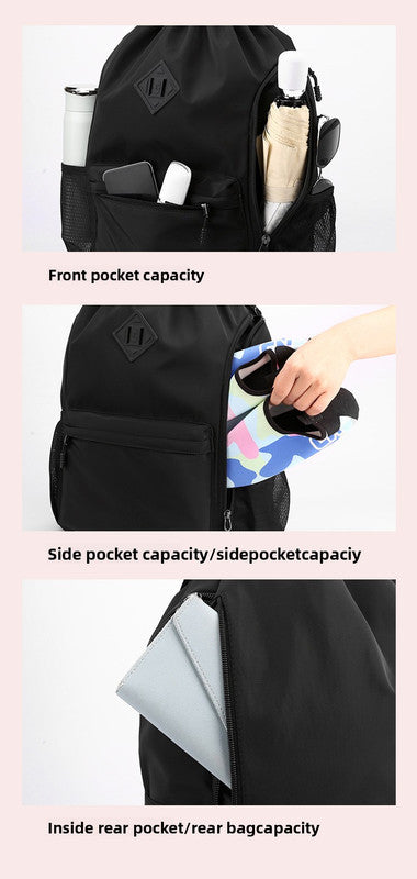 Large Drawstring Backpack Waterproof Gym Bag Lightweight Sports Sackpack with Zipper Pockets for Travel and Swimming Purple - Image 9