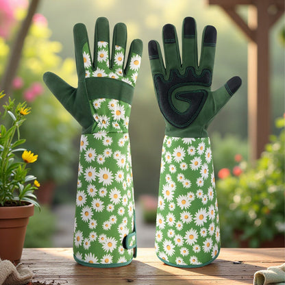 Green Long Gardening Gloves Thorn Proof Rose Pruning Gauntlets with Touchscreen Fingertips Breathable Forearm Protection Daisy Print - Image 2