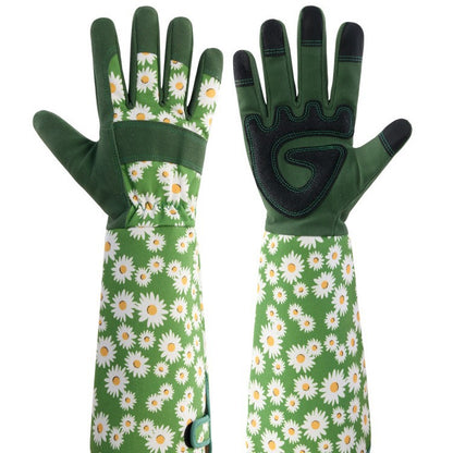 Green Long Gardening Gloves Thorn Proof Rose Pruning Gauntlets with Touchscreen Fingertips Breathable Forearm Protection Daisy Print - Image 3