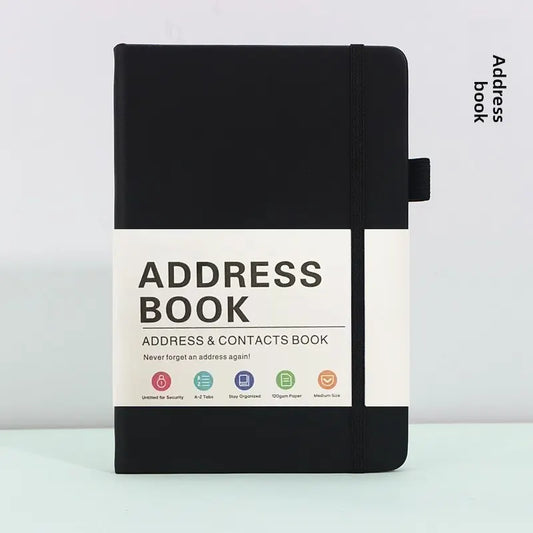 Black Address Book with Alphabetical Tabs B6 Hardcover Telephone & Contact Organizer with Pen Holder & Elastic Band for Home Office